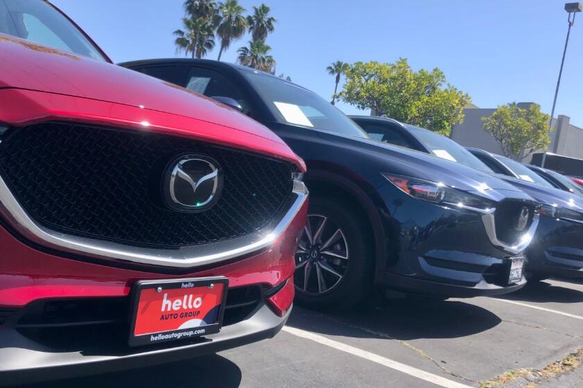 Used cars for sale in the lot of the Hello Mazda of San Diego dealership in Kearny Mesa.