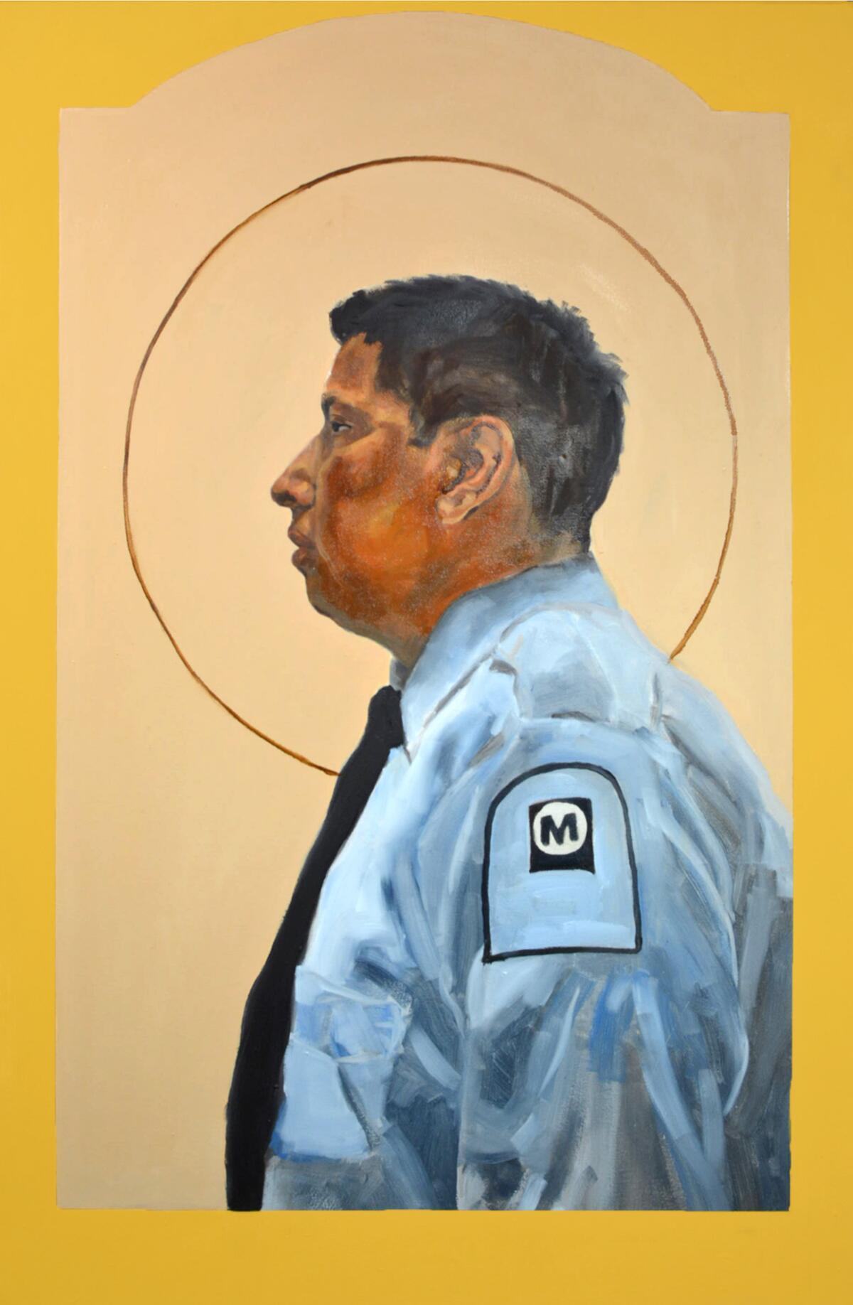 Palomares' painting "René" is a side-view portrait of an L.A. bus driver.
