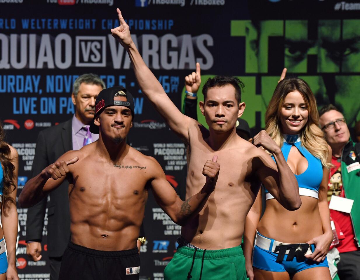 LAS VEGAS, NV - NOVEMBER 04: Jessie Magdaleno (L) and WBO junior featherweight champion Nonito Donaire pose during their official weigh-in at the Encore Theater at Wynn Las Vegas on November 4, 2016 in Las Vegas, Nevada. Donaire will defend his title against Magdaleno on November 5 at the Thomas & Mack Center in Las Vegas. (Photo by Ethan Miller/Getty Images) ** OUTS - ELSENT, FPG, CM - OUTS * NM, PH, VA if sourced by CT, LA or MoD **