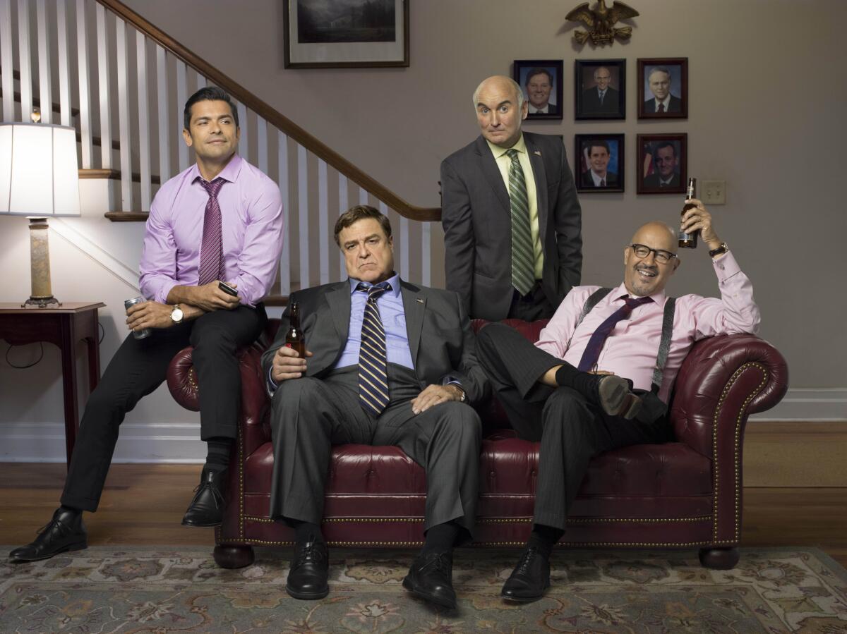 "Alpha House" stars, from left, Mark Consuelos, John Goodman, Matt Malloy and Clark Johnson.