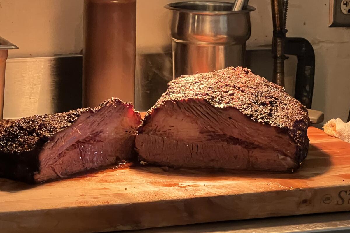 The brisket ready to be cut at A.J.'s Tex Mex BBQ in Valley Village.