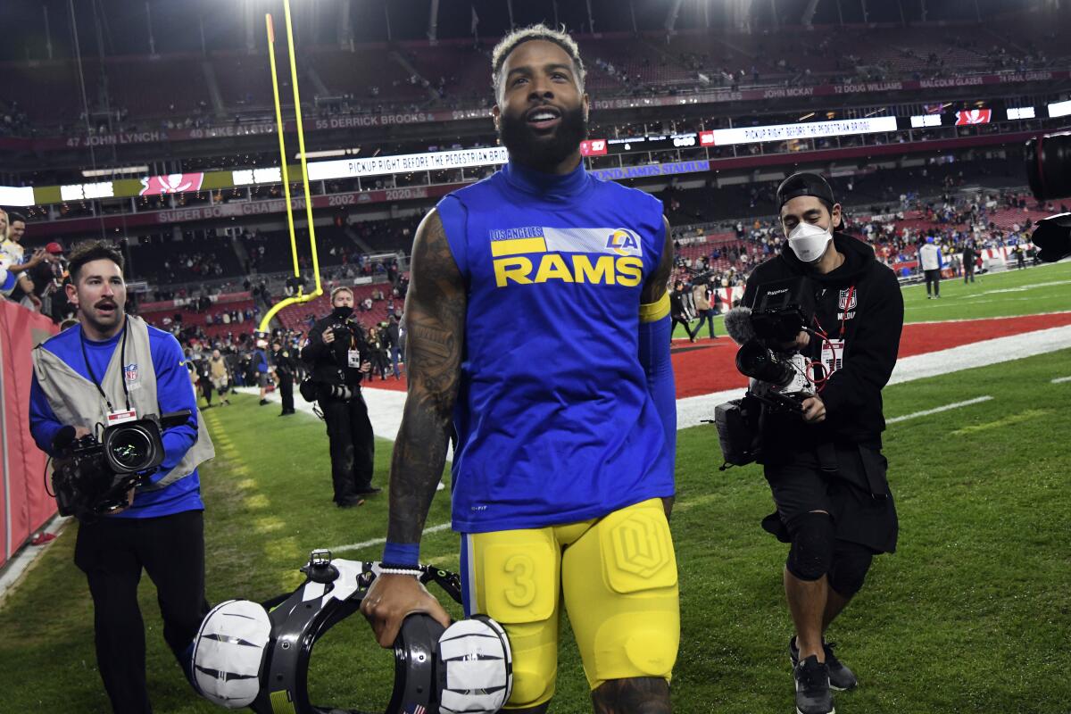 Rams wide receiver Odell Beckham Jr. celebrates after a playoff win over the Tampa Bay Buccaneers last season.