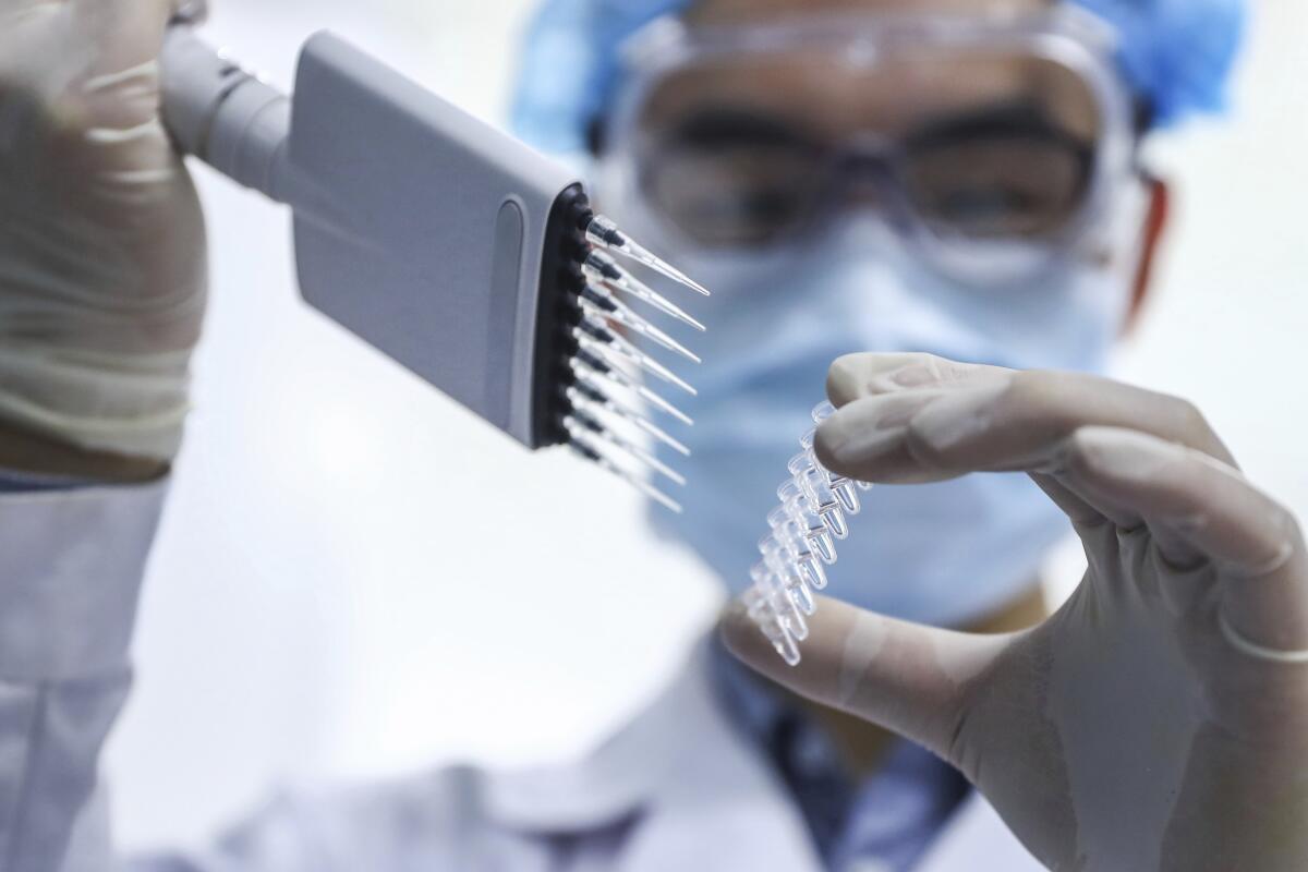 A staffer tests samples of a potential vaccine at SinoPharm in Beijing, in the race to make a coronavirus vaccine.