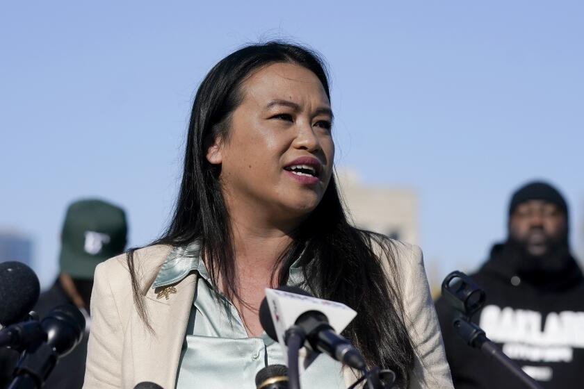 FILE - Oakland Mayor Sheng Thao speaks during a news conference at Laney College in Oakland, Calif., Tuesday, Nov. 28, 2023. Federal authorities raided a home belonging to Thao early Thursday, June 20, 2024, as part of a California investigation that included a search of at least two other houses, officials said. (AP Photo/Jeff Chiu, File )