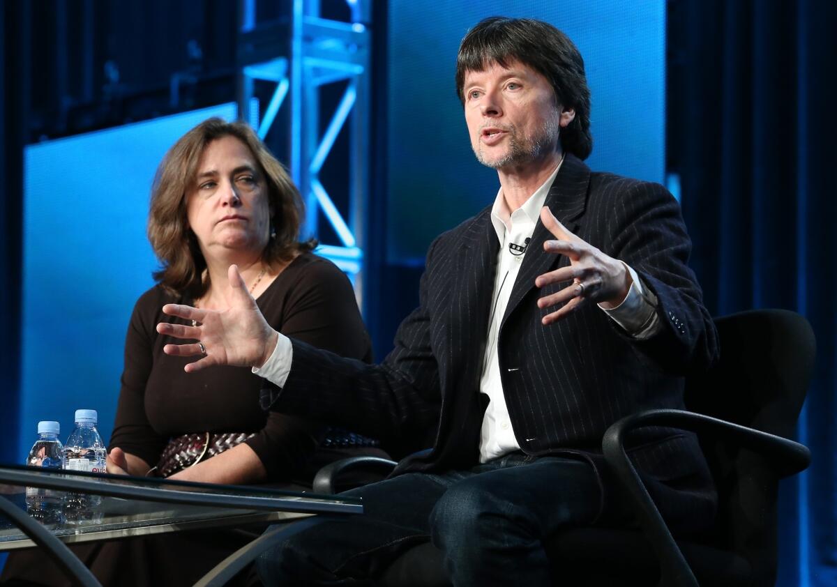 Filmmaker Ken Burns and PBS chief programming officer Beth Hoppe speak during a panel discussion at the Television Critics Assn. media tour at Langham Huntington Hotel in Pasadena.