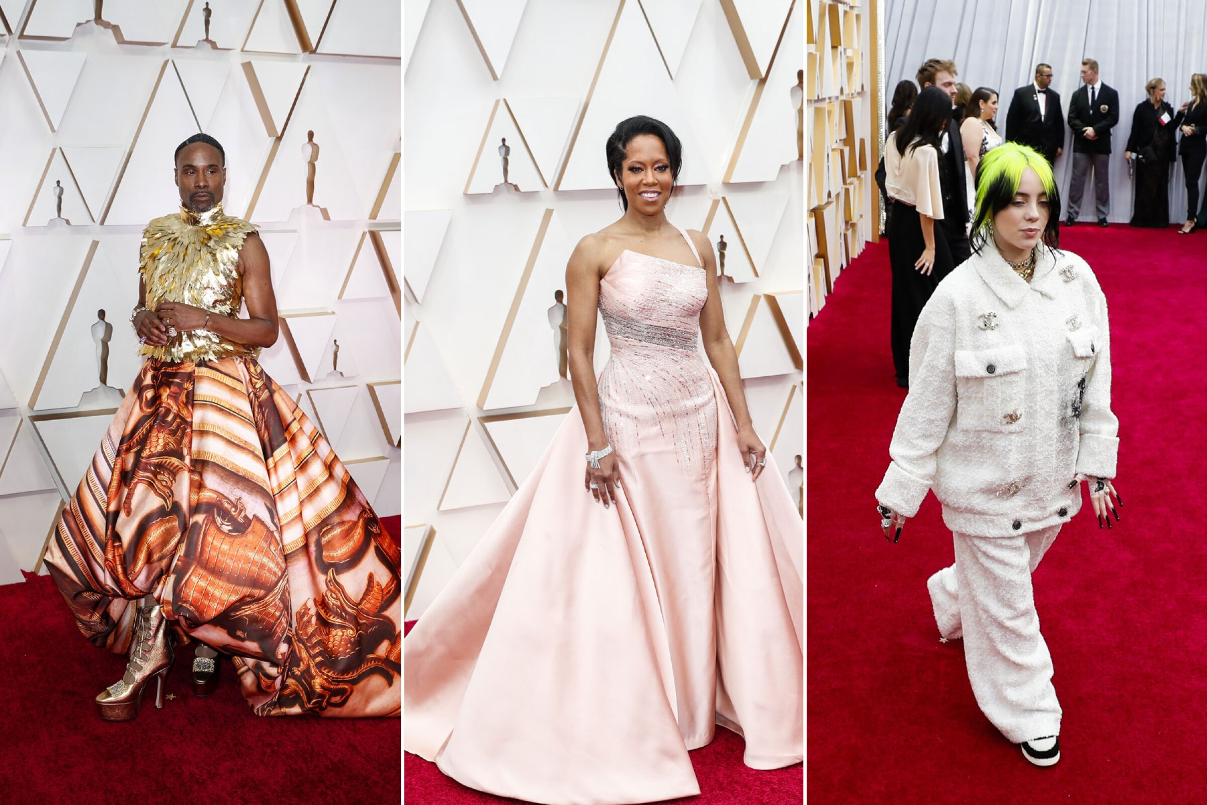 Shots of Billy Porter, from left, Regina King and Billie Eilish on the red carpet.