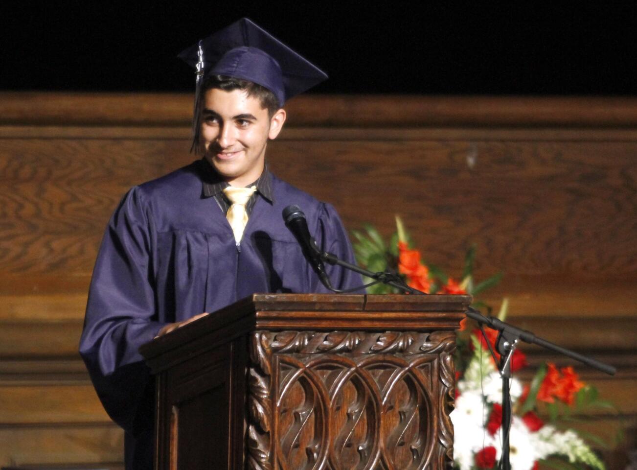 Daily High School grad Michael Dilanyan spoke during Commencement Ceremony for Verdugo Academy, Daily High School and Re-Connected Glendale at Forest Lawn Auditorium in Glendale on Tuesday, June 3, 2014.