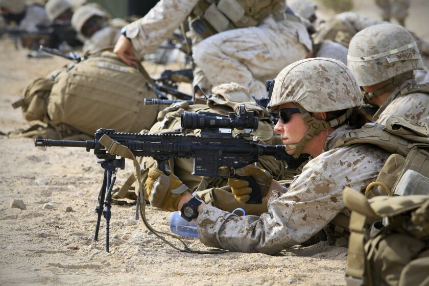 Sgt. Kelly Brown, a member of the Marine Corps' Ground Combat Element Integrated Task Force, was assessed at the Twentynine Palms combat center to determine if women will be allowed in the infantry and similar units.