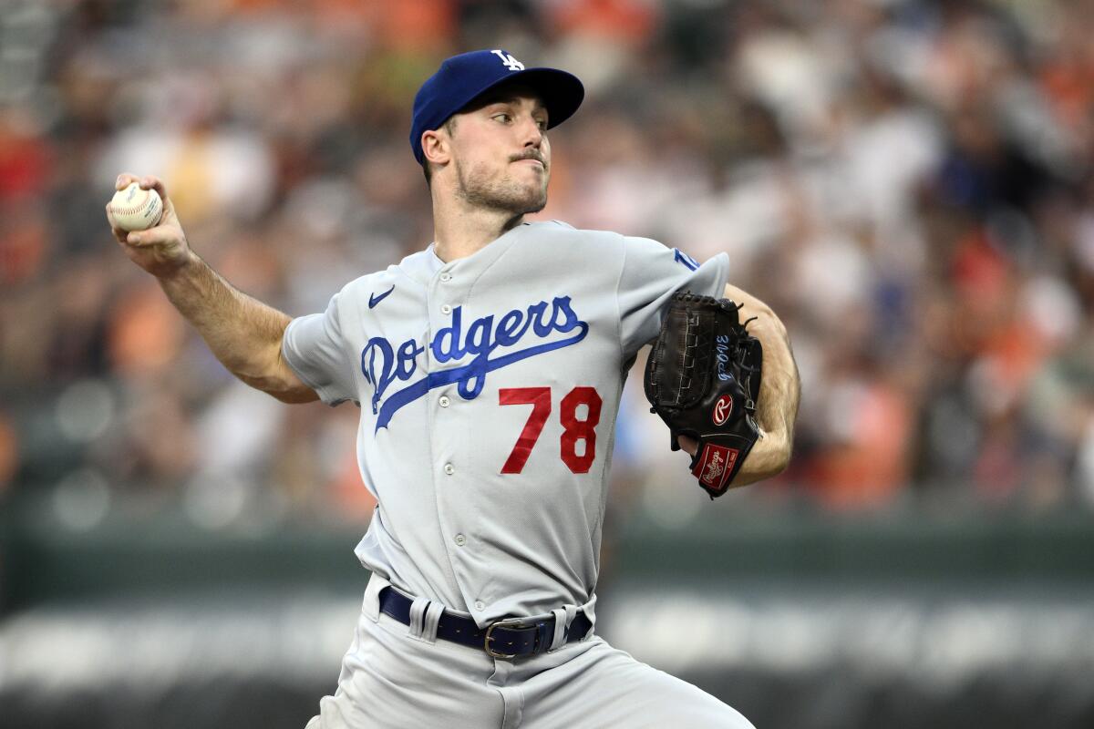 Dodgers pitcher Michael Grove pitches during the second inning against the Baltimore Orioles.