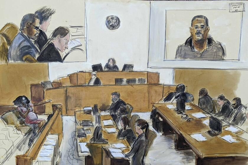 A sketch of a courtroom full of people