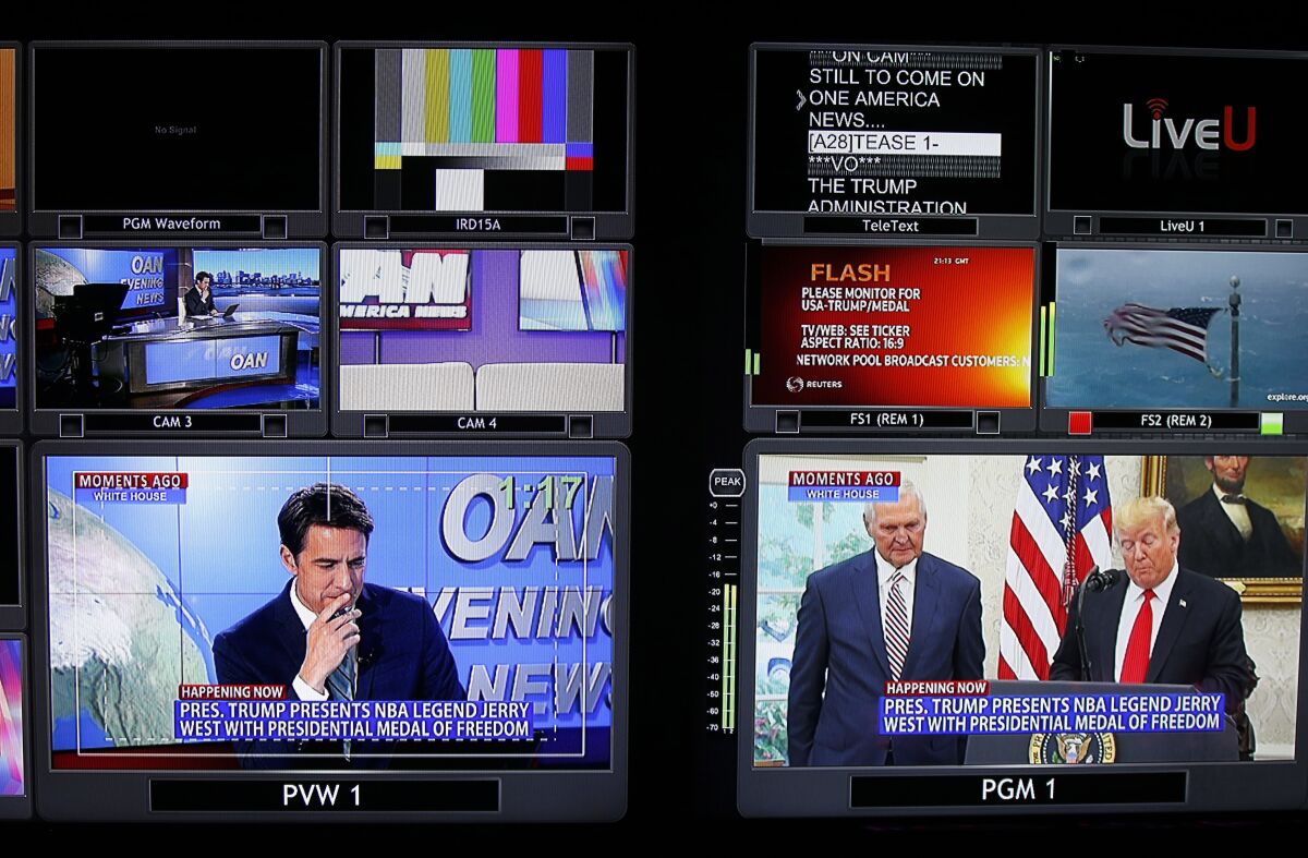 The control room at the San Diego-based One America News in 2019. 