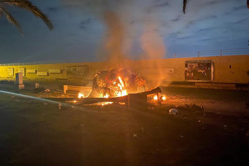 A burning vehicle near Baghdad International Airport, Iraq, on January 3, 2020. According to Iraqi authorities, several people were injured in the incident, which was reportedly caused by three rockets hitting the airport. The Pentagon announced that Iran's Quds Force leader Qassem Suleimani and Iraqi militia commander Abu Mahdi al-Muhandis were killed on 03 January 2020 following a US airstrike at Baghdad's international airport.