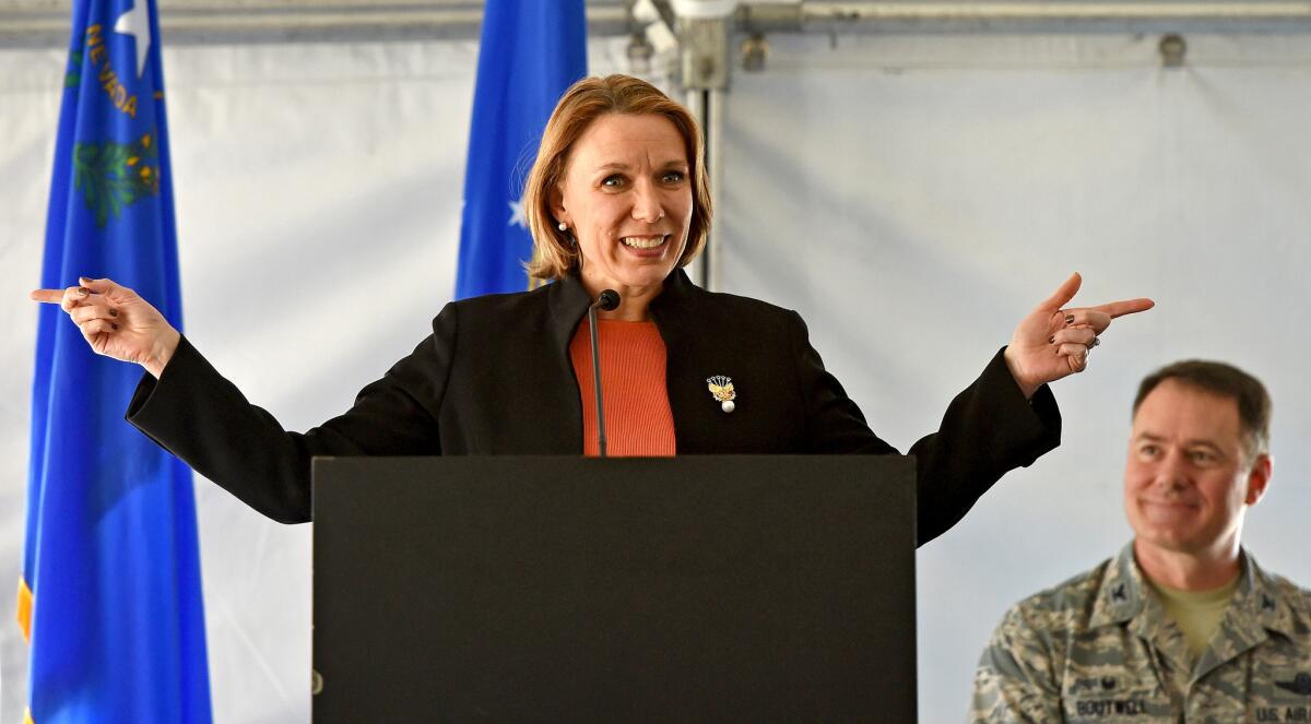 Miranda Ballentine speaks in February at the dedication of the 15-megawatt Solar Array II generating station at Nellis Air Force Base in Las Vegas.