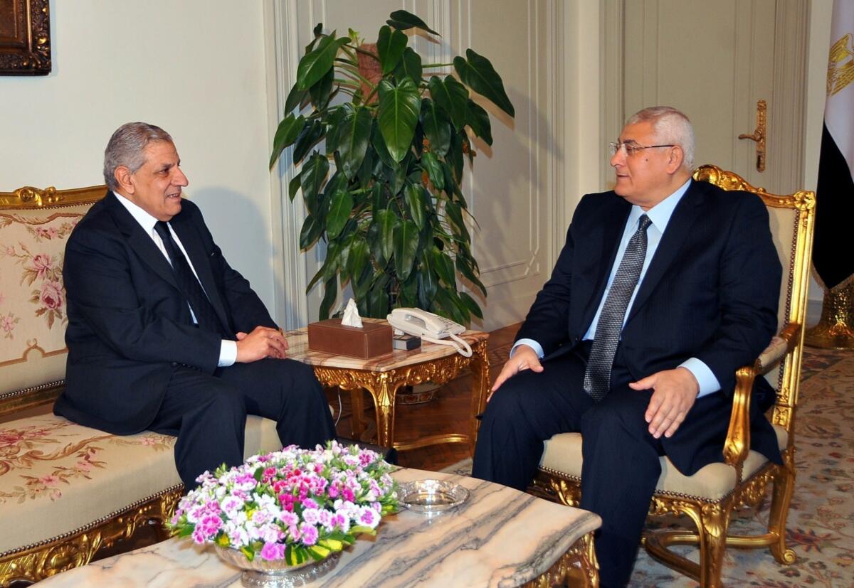 Egypt's interim President Adly Mansour, right, meets with Prime Minister Ibrahim Mahlab at the presidential palace in Cairo in February.