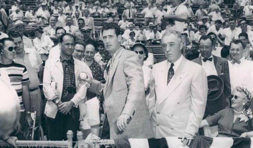 Ted Williams throws out the ceremonial first pitch before the 1953 All-Star Game in Cincinnati.