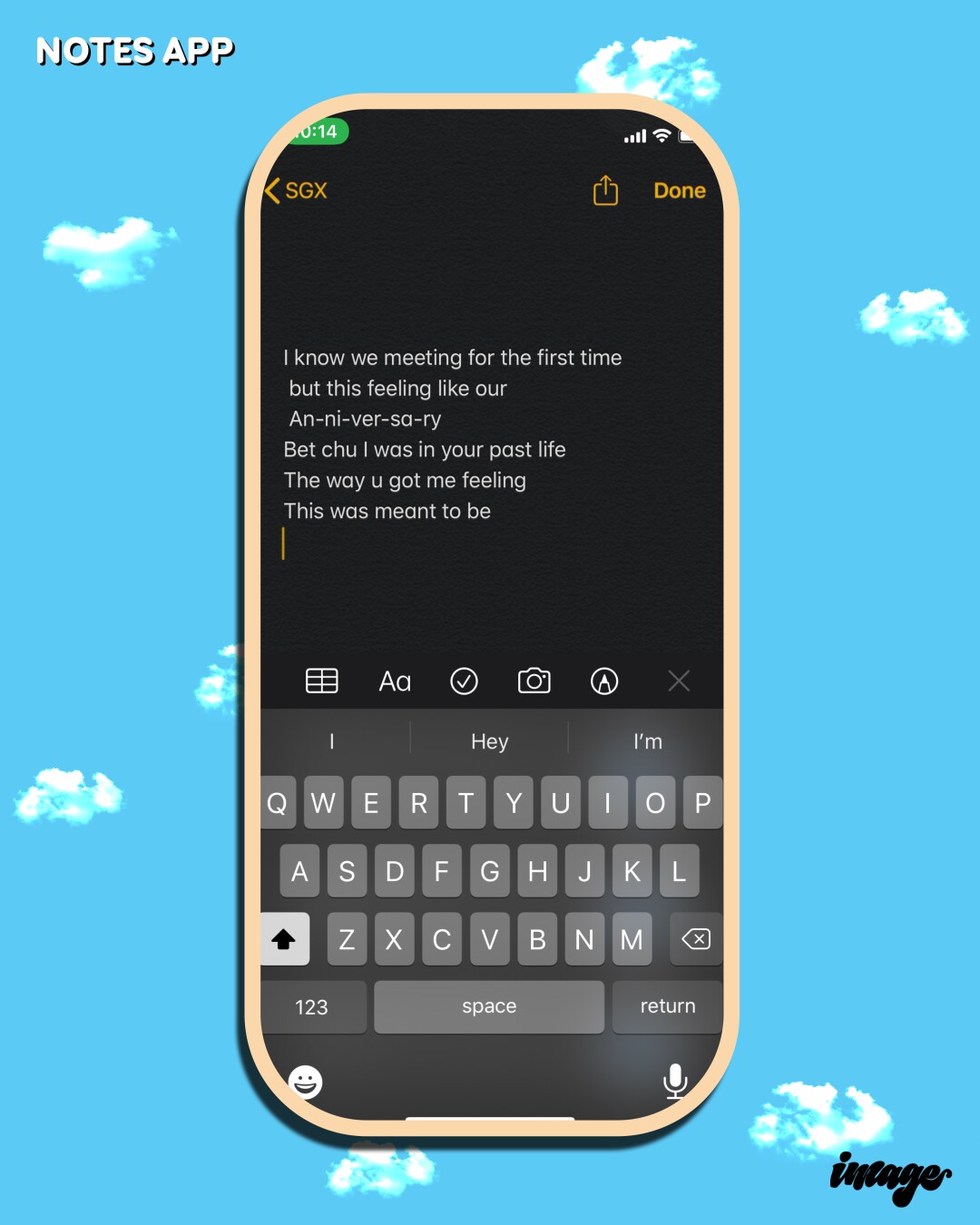 A cellphone showing song lyrics in a notes app