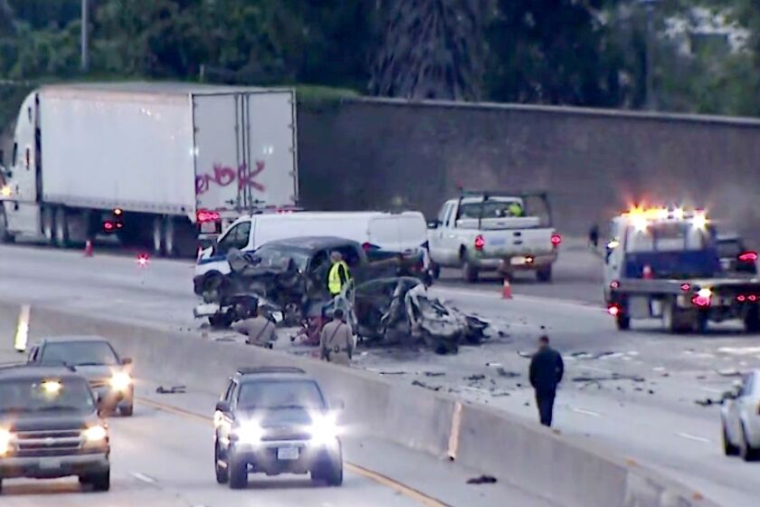 An investigation is underway after one person was killed Monday morning, May 8, 2023, in a three-car crash on the 101 Freeway in East Hollywood that may have been caused by a wrong way motorist.
