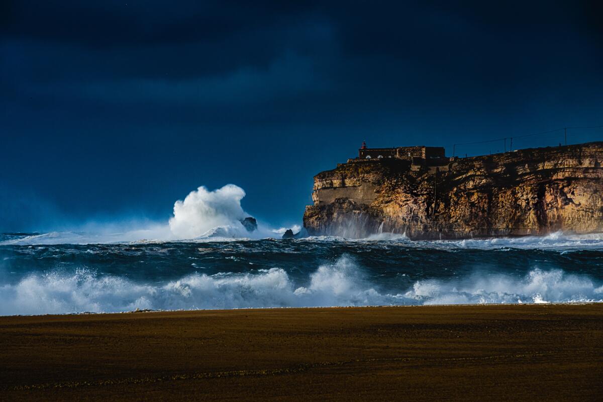 Waves break at Nazaré, in Portugal, the setting of the HBO docuseries '100 Foot Wave.'