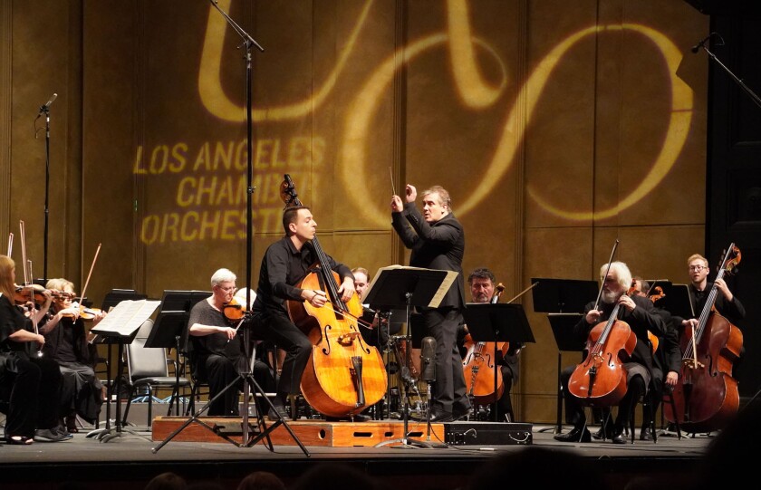Los Angeles Chamber Orchestra Music Director Jaime Martín conducts the West Coast premiere of “Dark With Excessive Bright” by Missy Mazzoli, featuring LACO principal bass David Grossman, at Royce Hall. 