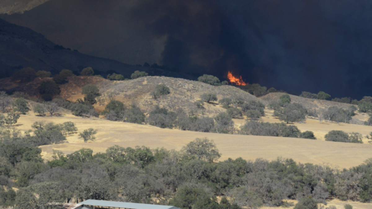 Arid hills with sparse foliage with thick black smoke rising. Small flames are on the horizon. 