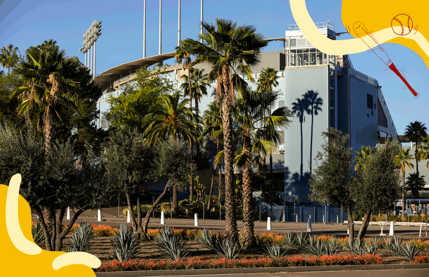 A GIF shows a drawing of a baseball bat and ball atop a photo of an exterior view of Dodger Stadium, with palm trees.