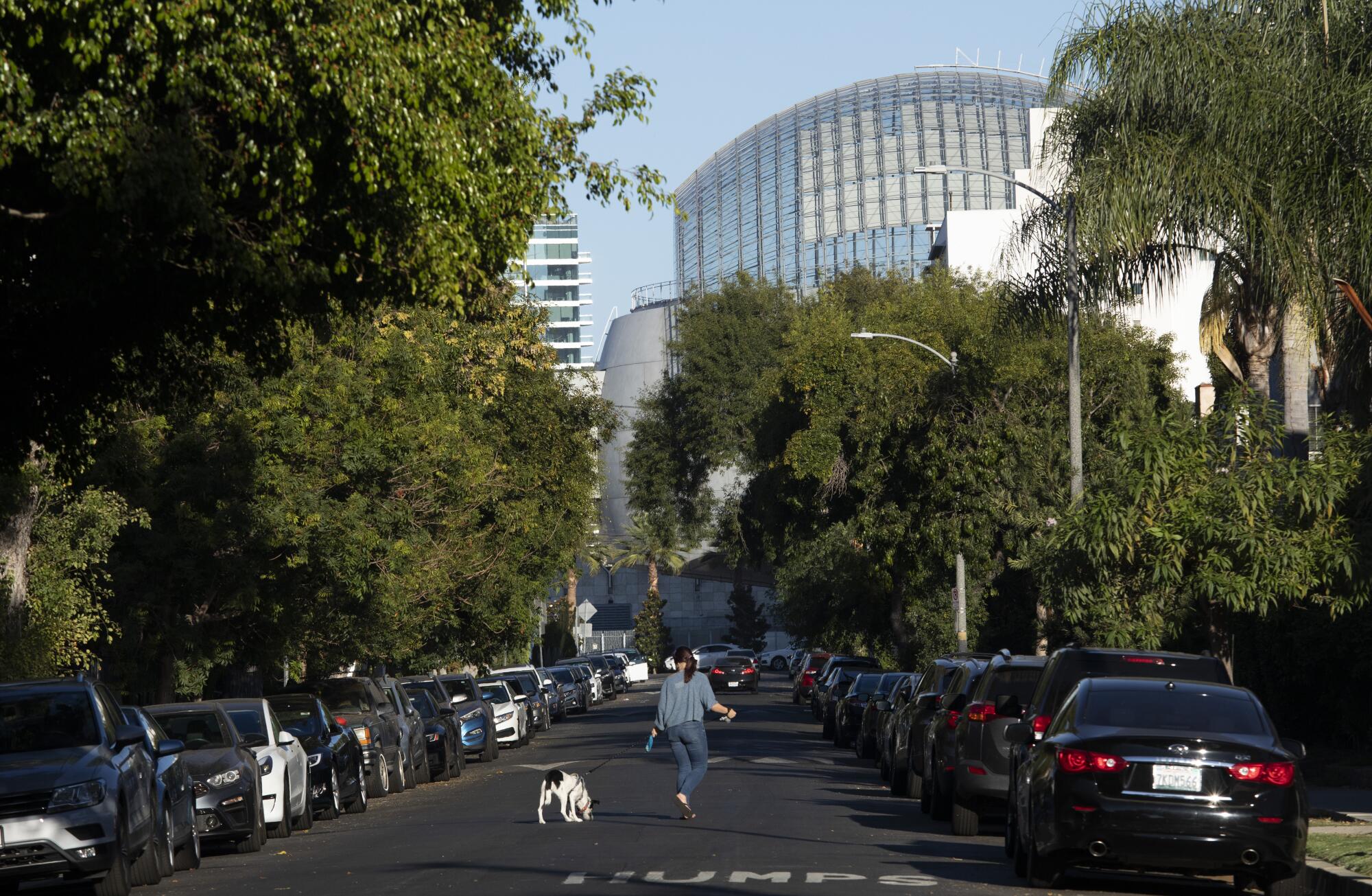 A woman walks her dog on a tree-lined residential street, at the end of which looms the spherical Geffen Theater