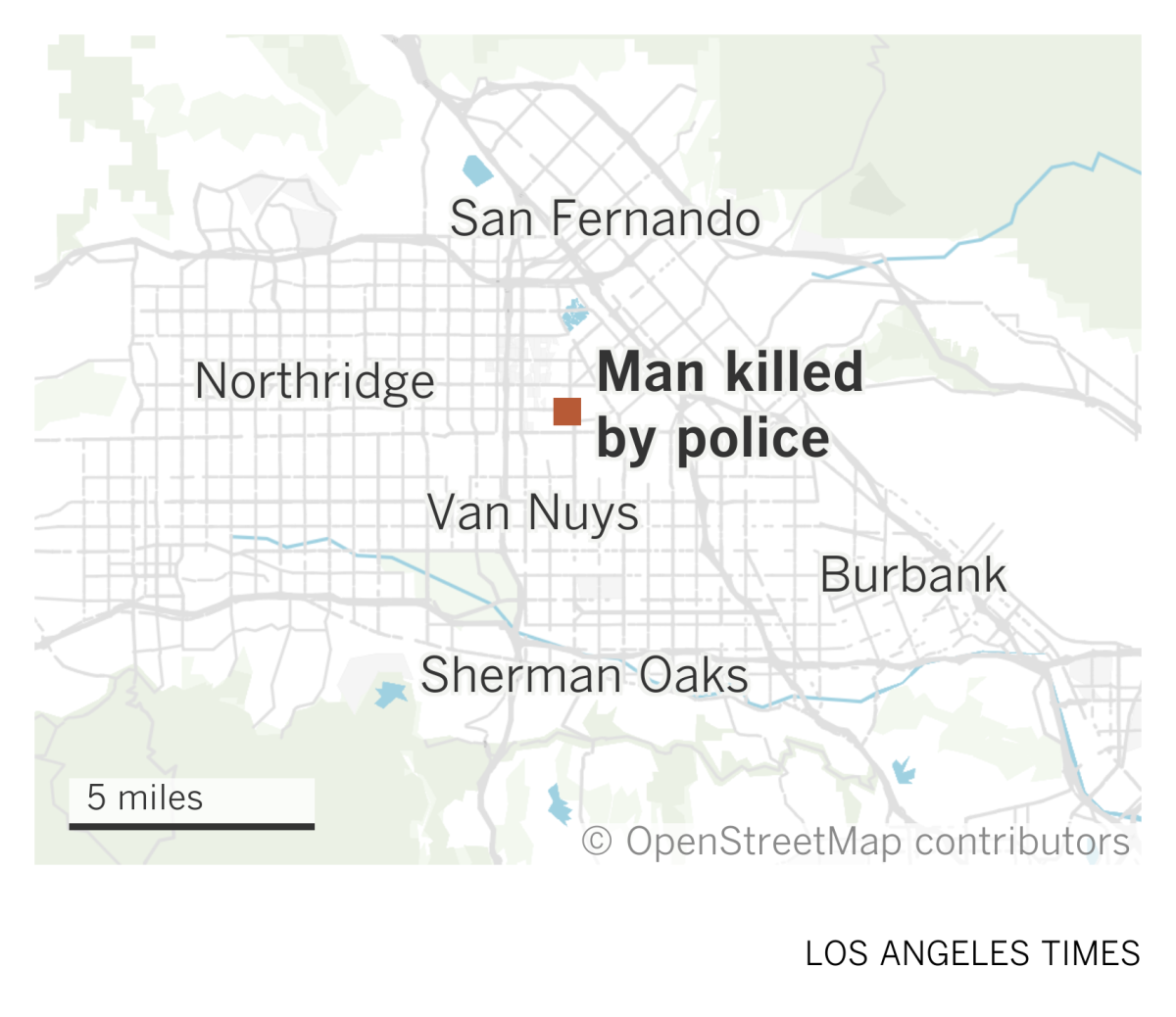 A map of the San Fernando Valley showing where a man was shot and killed by police in Panorama City