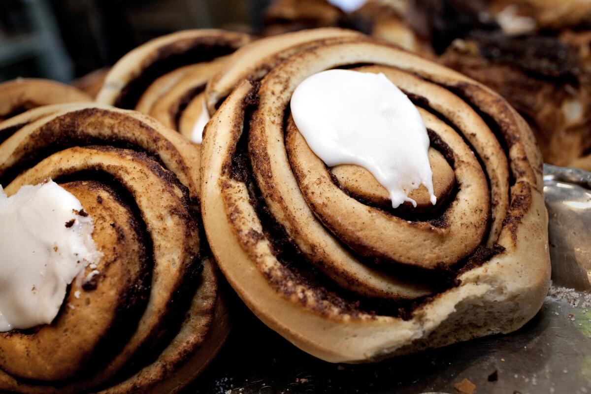 Danish cinnamon rolls, like the ones displayed here at a Copenhagen bakery, contain too much cinnamon, according to the European Union's food safety experts. The cassia type of spice favored in Scandinavian baking contains trace amounts of a chemical compound called coumarin that has been linked to liver damage in a small number of sensitive people.