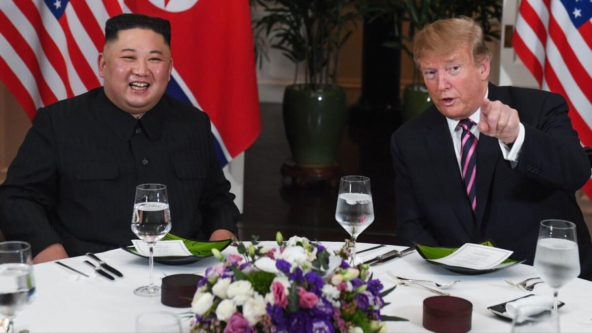 President Trump and North Korea's leader Kim Jong Un meet for dinner at the Sofitel Legend Metropole hotel in Hanoi on Feb. 27, 2019.