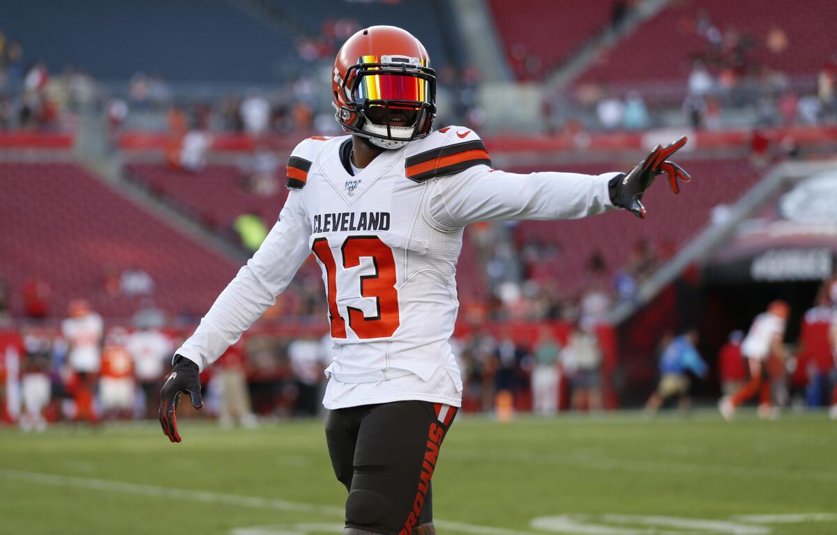 Cleveland Browns wide receiver Odell Beckham warms up before a preseason game against the Tampa Bay Buccaneers.