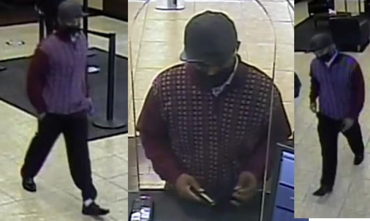 The FBI says the man in these surveillance images robbed a Chase Bank teller using a demand note Jan. 5 in La Jolla.