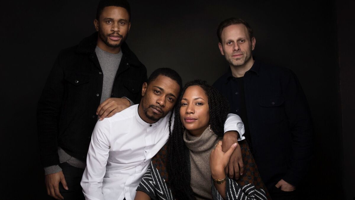 Actor Nnamdi Asomugha, from left, Lakeith Stanfield, Natalie Paul and writer/director Matt Ruskin from the film, "Crown Heights", at the Sundance Film Festival on Jan. 23, 2017, in Park City, Utah.