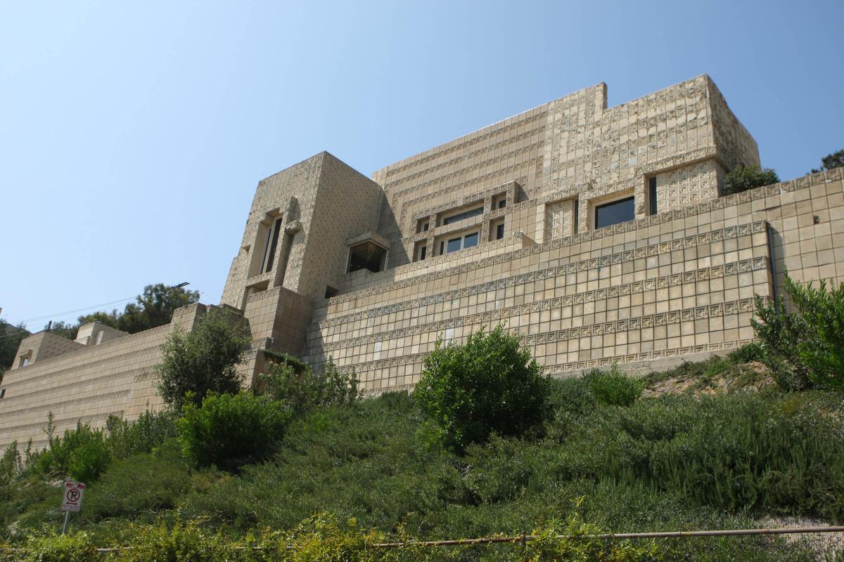 An exterior view looking upward at Frank Lloyd Wright's Ennis House