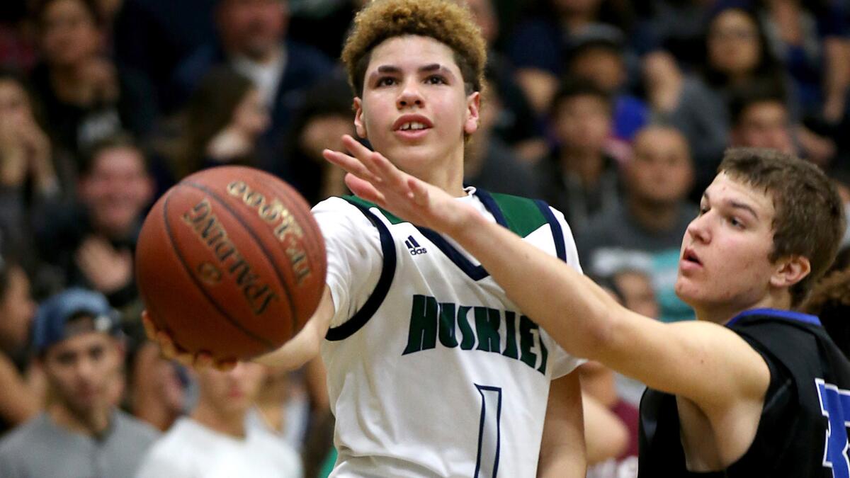 LaMelo Ball glides to the basket for a layup against Immanuel on Friday during a playoff game at Chino Hills High.