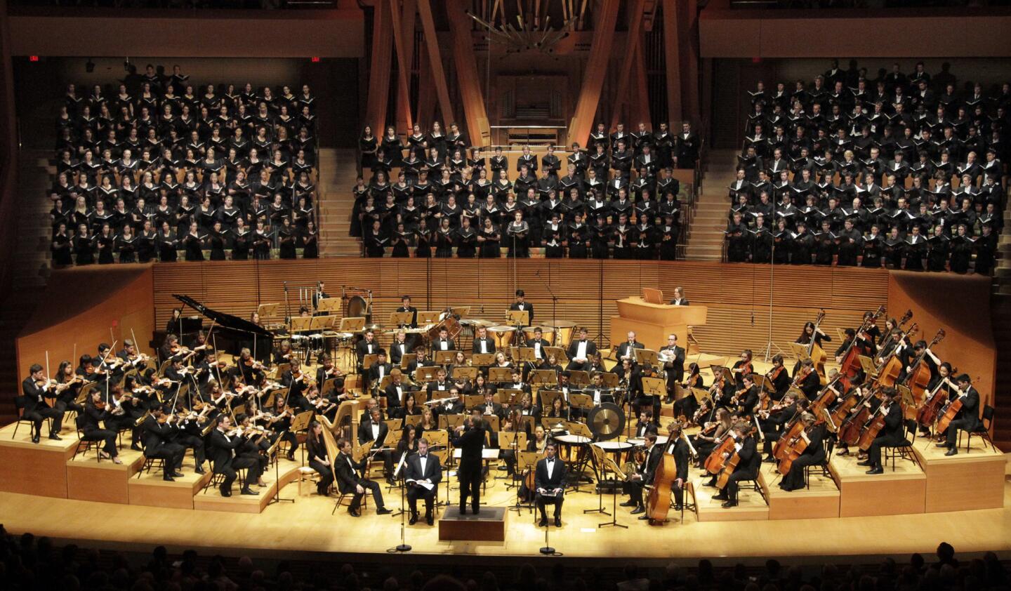 James Conlon conducts the Colburn Orchestra and members of USC Thornton Symphony with six University choruses from Southern California and New Zealand and the Los Angeles Children's Chorus in Britten's War Requiem at the Walt Disney Concert Hall on Nov. 25, 2013.