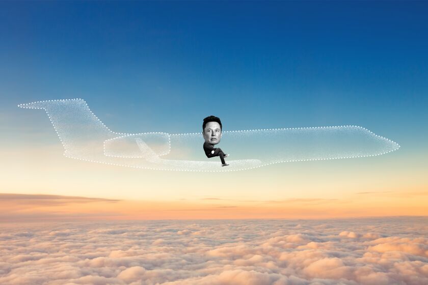 Photo illustration of Elon Musk riding in an invisible private jet.