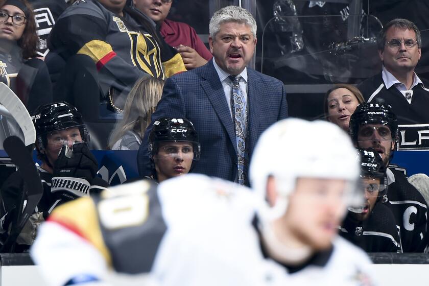 Todd McLellan coaches the Kings during a preseason game against the Vegas Golden Knights on Sept. 19 at Staples Center.