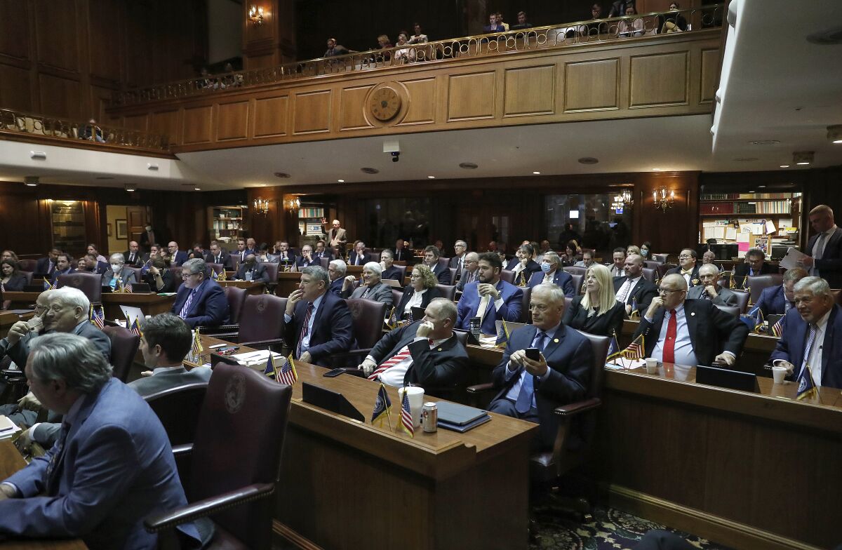 Members of the Indiana House of Representatives attend last day of legislative session Tuesday, March 8, 2022, at the Statehouse in Indianapolis. (Jenna Watson/The Indianapolis Star via AP)