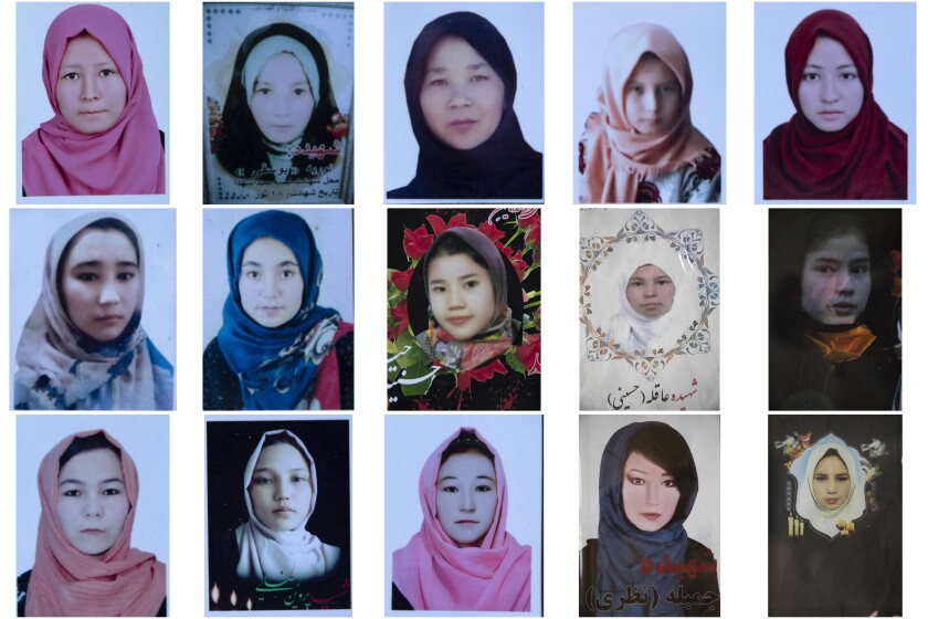 This combination photo shows portraits of Afghan Hazara schoolgirls who were among nearly 100 people killed in bombing attacks outside their school on May 8, 2021. After the collapse of the Taliban 20 years ago, Afghanistan's ethnic Hazaras began to flourish and soon advanced in various fields, including education and sports, and moved up the ladder of success. They now fear those gains will be lost to chaos and war after the final withdrawal of American and NATO troops from Afghanistan this summer. (AP Photo)