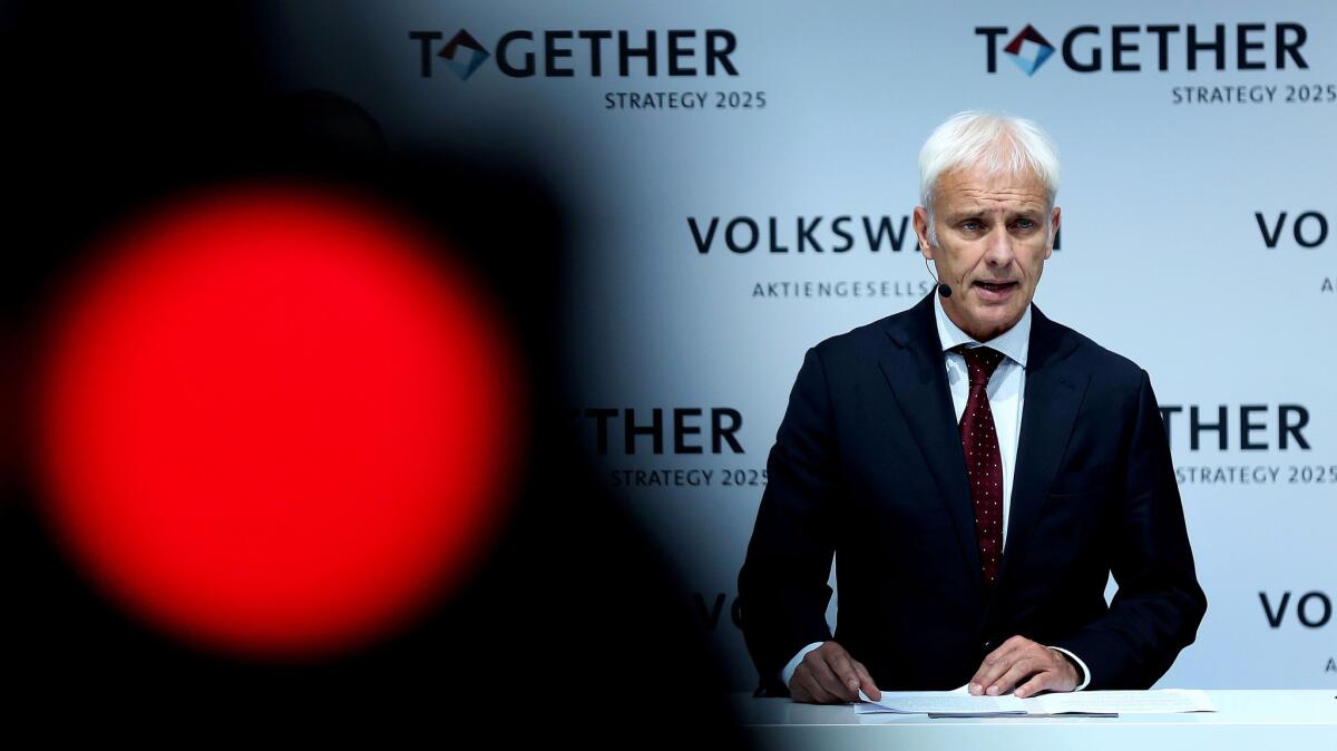 Volkswagen CEO Matthias Mueller speaks Thursday at a news conference to present long-term plans for the scandal-hit carmaker.