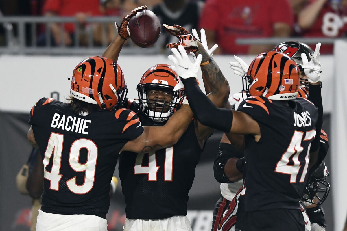 Cincinnati Bengals defensive back Trayvon Henderson (41) celebrates with linebacker Joe Bachie (49) after a play against the Tampa Bay Buccaneers during the second half of an NFL preseason football game Saturday, Aug. 14, 2021, in Tampa, Fla. (AP Photo/Jason Behnken)