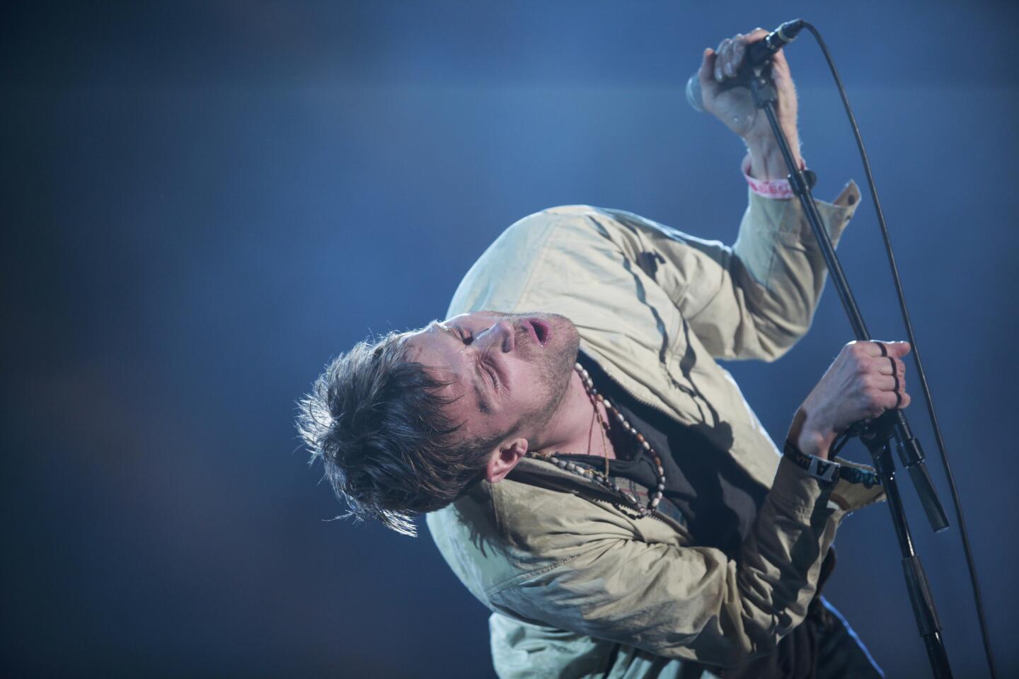 Damon Albarn and his band Blur close the day on the Coachella Stage on day one, of the second week, of the Coachella Valley Music and Arts Festival, 2013.