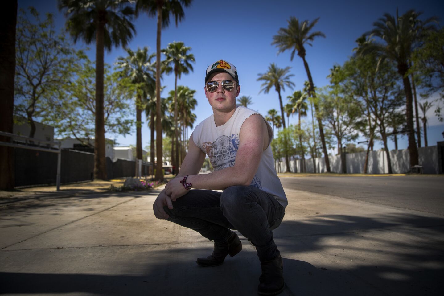 Travis Denning poses for a portrait before his performance on the Sirius XM Spotlight Stage on the second of the three-day 2019 Stagecoach Country Music Festival.