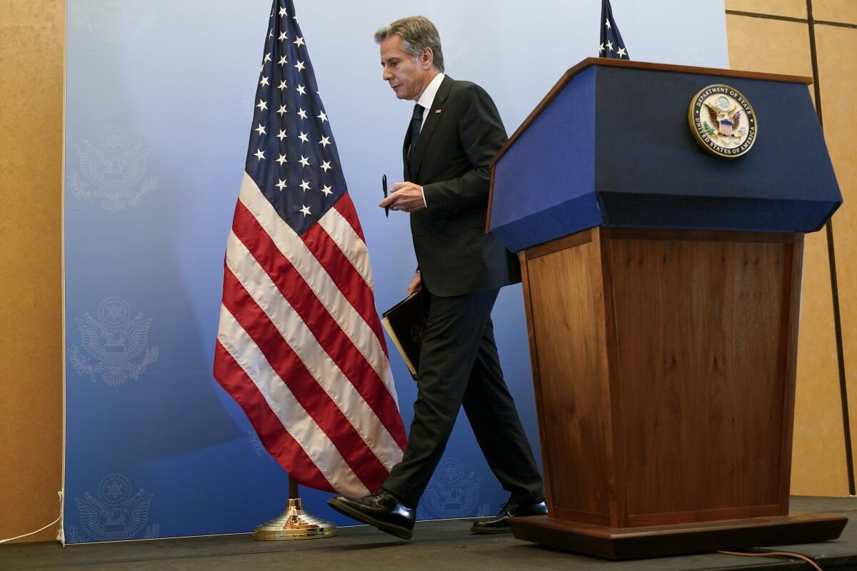 El secretario de Estado de Estados Unidos, Antony Blinken, tras una conferencia de prensa 