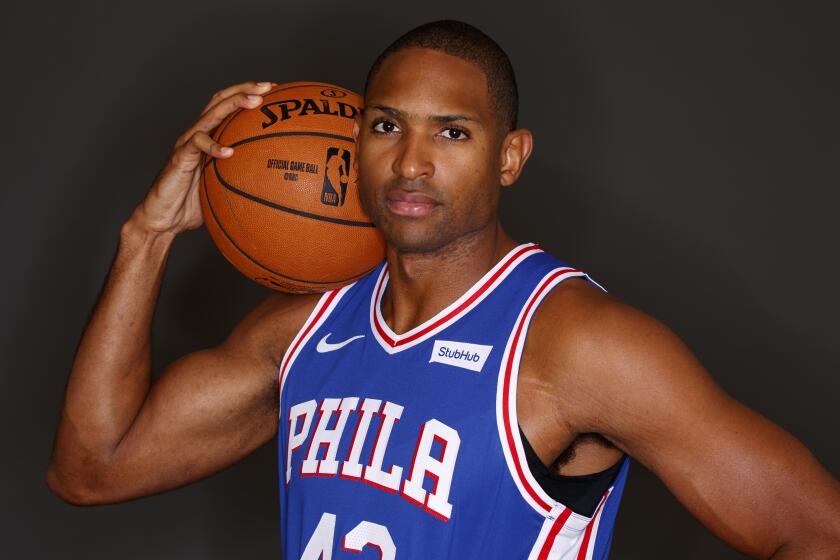 Philadelphia 76ers' Al Horford poses for a photograph during media day at the NBA basketball team's practice facility, Monday, Sept. 30, 2019, in Camden, NJ. (AP Photo/Chris Szagola)
