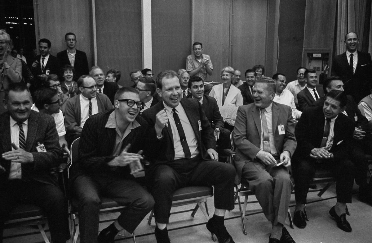 June 2, 1966: Scientists and engineers at the Caltech lab whoop it up after word was flashed that Surveyor 1 was on the moon.