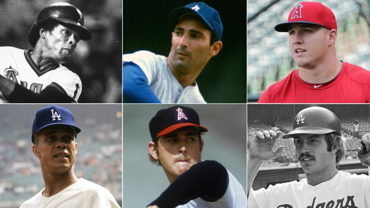 Angels greats Rod Carew (top left), Nolan Ryan (bottom center) and Mike Trout (top right) along with former Dodgers stars Maury Wills (bottom left), Sandy Koufax (top center) and Ron Cey were named the best players at each of their positions in a Times poll.