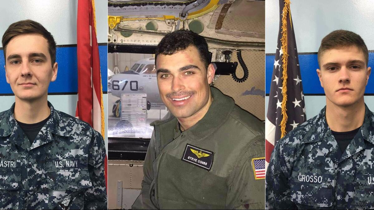 Images released by the Navy show, from left, airman Matthew Chialastri; Lt. Steven Combs and airman apprentice Bryan Grosso. The three died when a transport plane crashed in the Philippine Sea.
