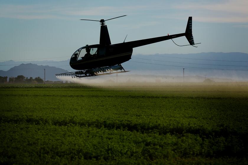 A helicopter sprays insecticide on a field outside of El Centro, California in the Imperial Valley on Wednesday, February 11, 2015. The Imperial Valley has some of the poorest air quality in California due to border traffic, farming and other industries. (Photo by Sandy Huffaker/Corbis via Getty Images) ** OUTS - ELSENT, FPG, CM - OUTS * NM, PH, VA if sourced by CT, LA or MoD **