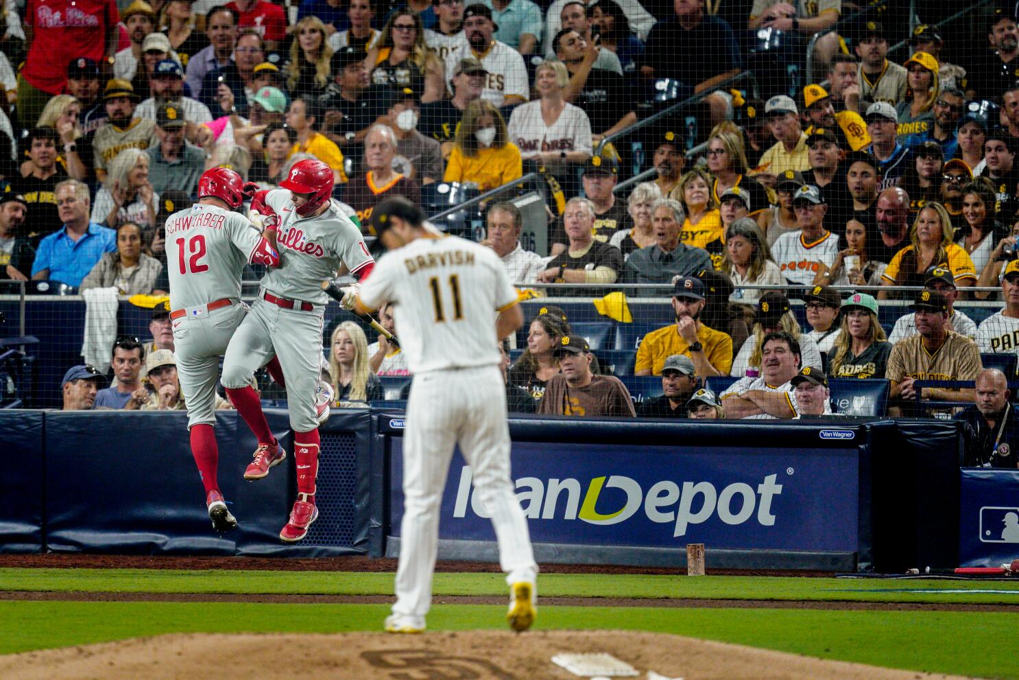 San Diego Padres catcher Austin Nola greets pitcher Nick Martinez